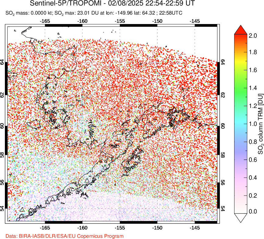 A sulfur dioxide image over Alaska, USA on Feb 08, 2025.