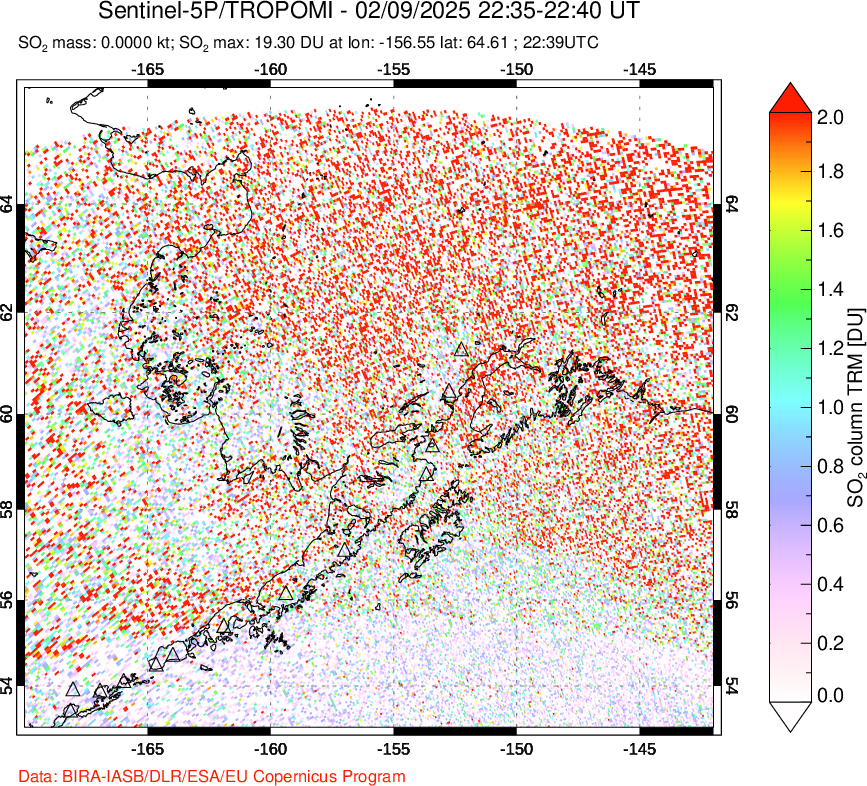 A sulfur dioxide image over Alaska, USA on Feb 09, 2025.