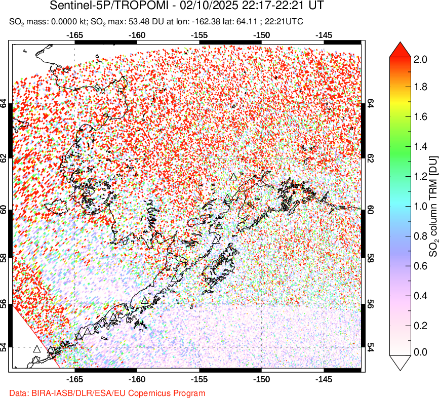 A sulfur dioxide image over Alaska, USA on Feb 10, 2025.