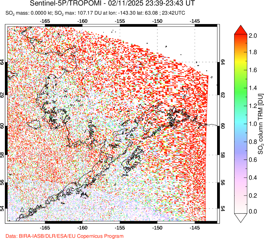 A sulfur dioxide image over Alaska, USA on Feb 11, 2025.