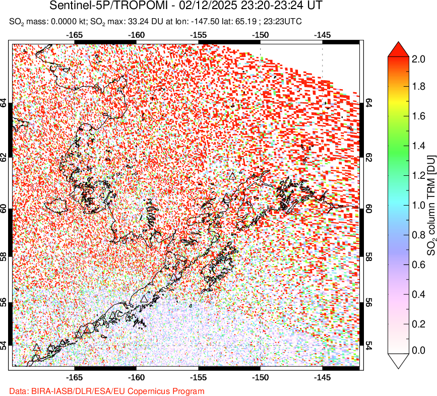 A sulfur dioxide image over Alaska, USA on Feb 12, 2025.