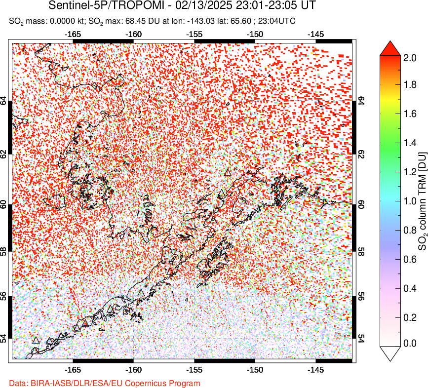 A sulfur dioxide image over Alaska, USA on Feb 13, 2025.