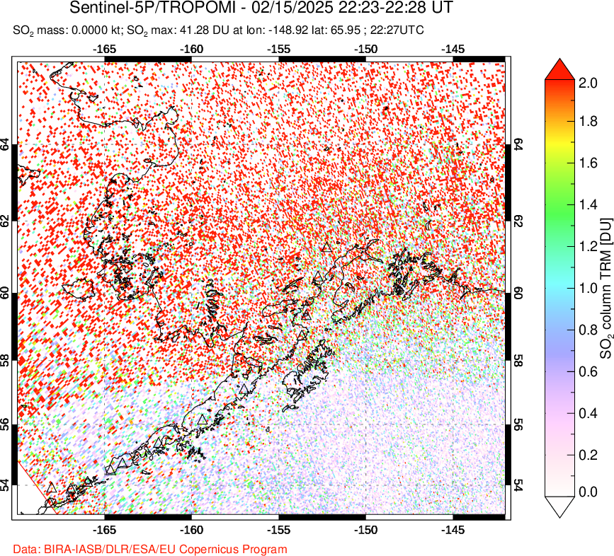 A sulfur dioxide image over Alaska, USA on Feb 15, 2025.