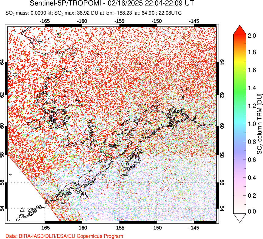 A sulfur dioxide image over Alaska, USA on Feb 16, 2025.