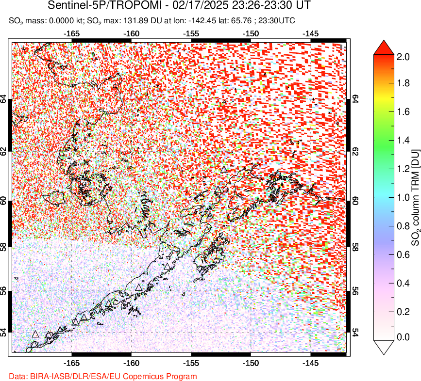 A sulfur dioxide image over Alaska, USA on Feb 17, 2025.