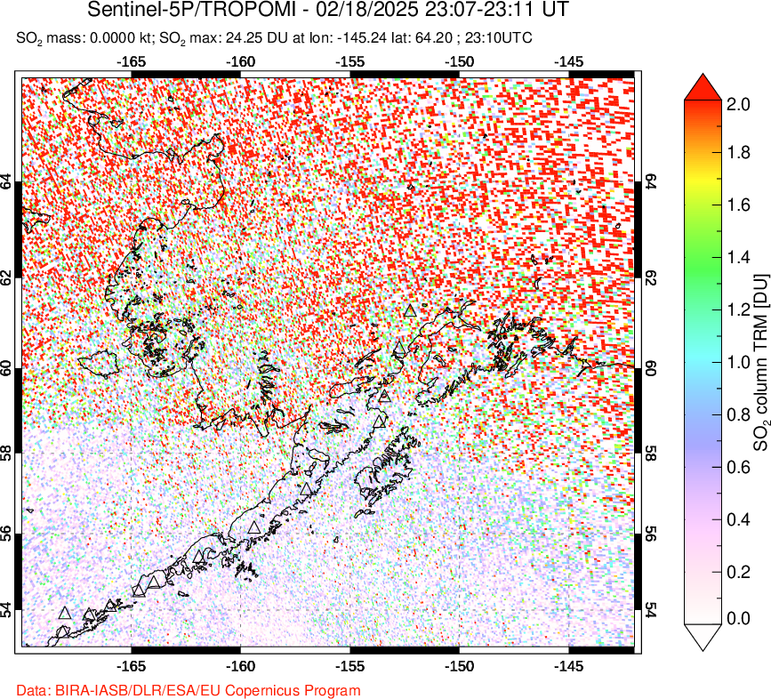 A sulfur dioxide image over Alaska, USA on Feb 18, 2025.