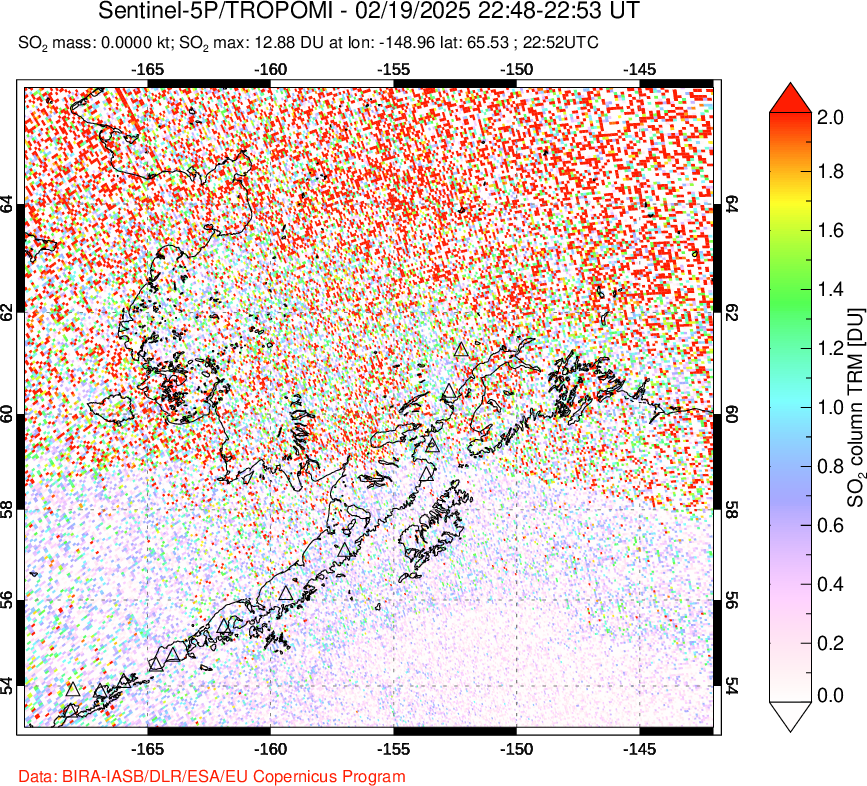 A sulfur dioxide image over Alaska, USA on Feb 19, 2025.