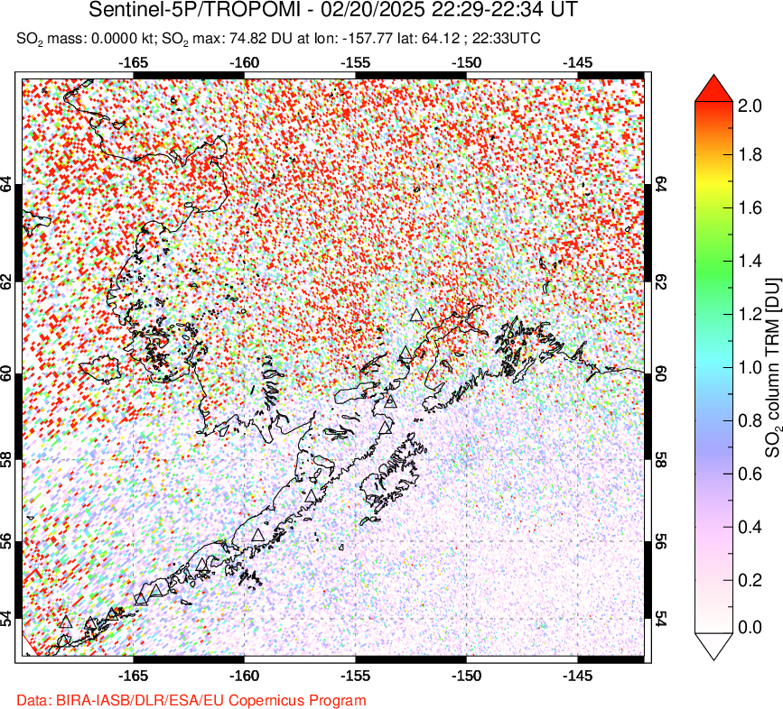 A sulfur dioxide image over Alaska, USA on Feb 20, 2025.