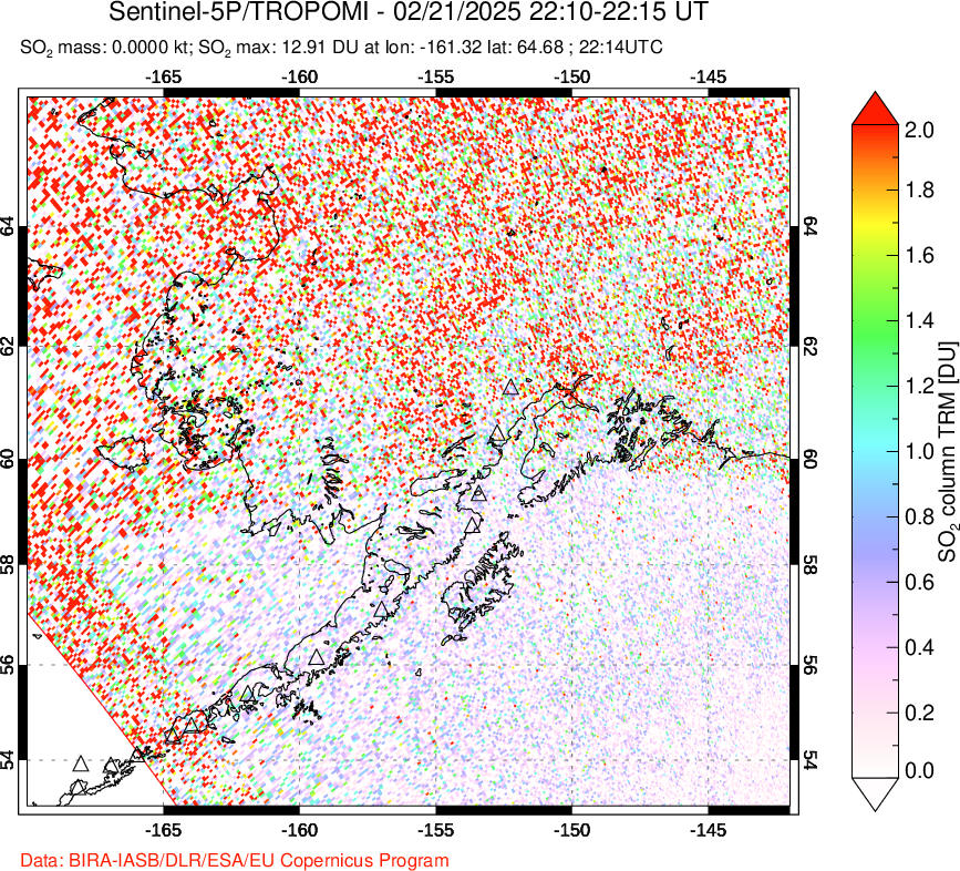 A sulfur dioxide image over Alaska, USA on Feb 21, 2025.