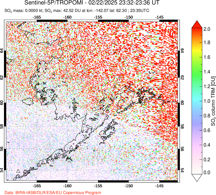 A sulfur dioxide image over Alaska, USA on Feb 22, 2025.