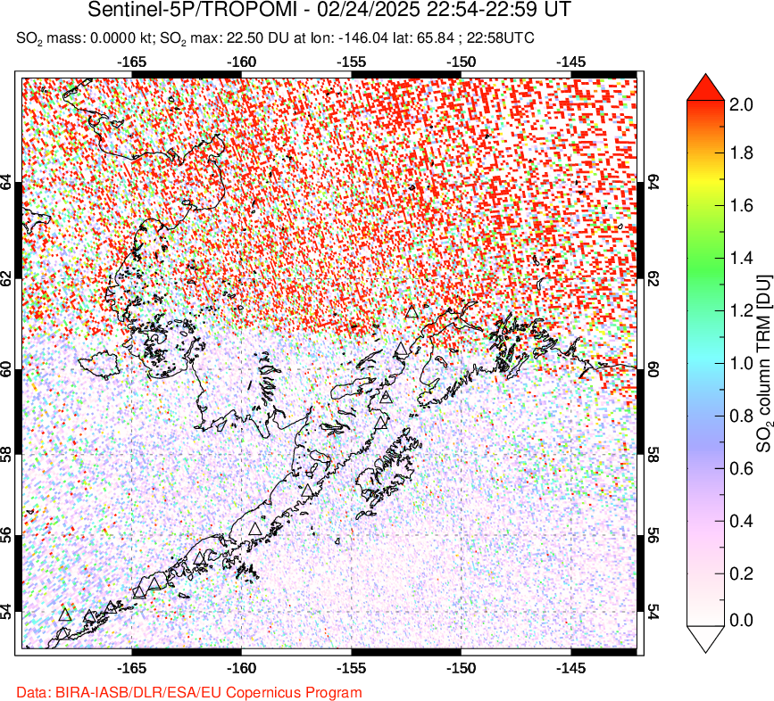 A sulfur dioxide image over Alaska, USA on Feb 24, 2025.