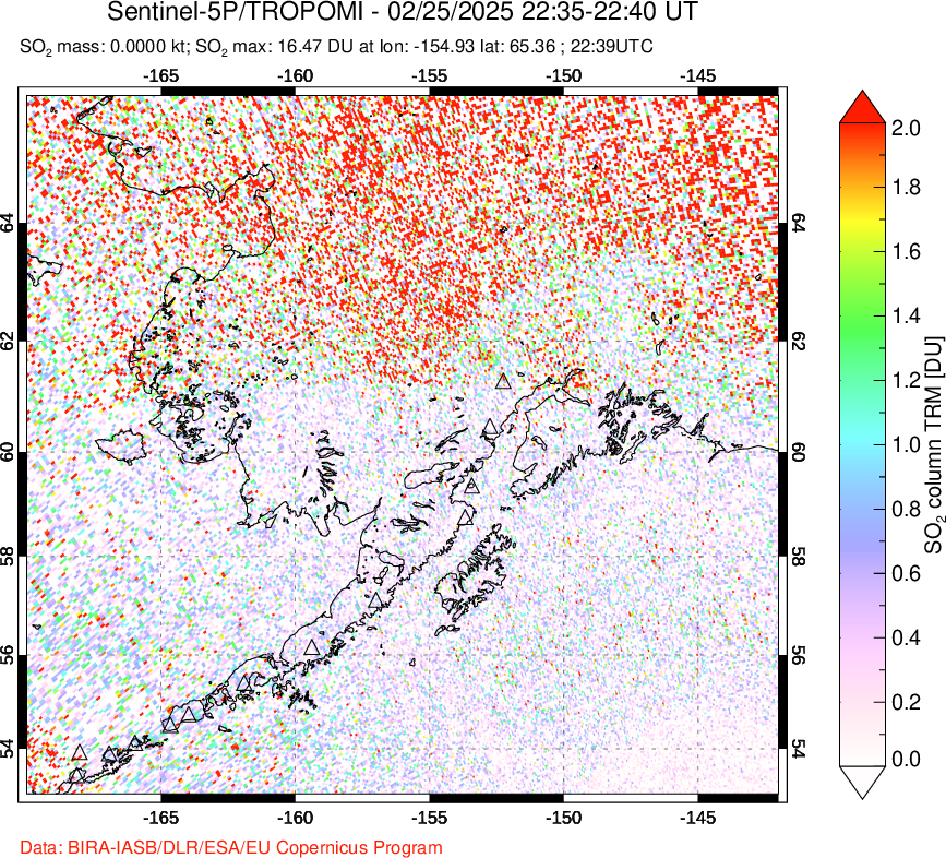 A sulfur dioxide image over Alaska, USA on Feb 25, 2025.