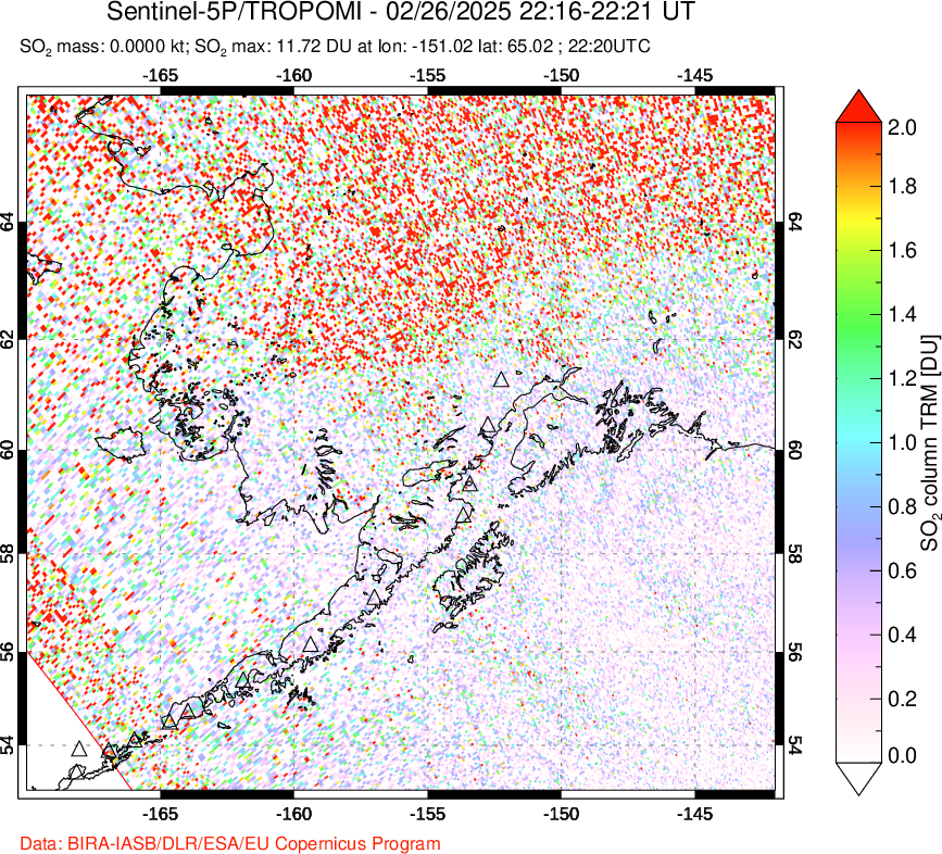 A sulfur dioxide image over Alaska, USA on Feb 26, 2025.