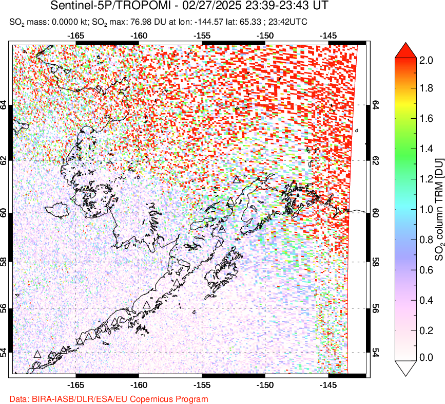 A sulfur dioxide image over Alaska, USA on Feb 27, 2025.