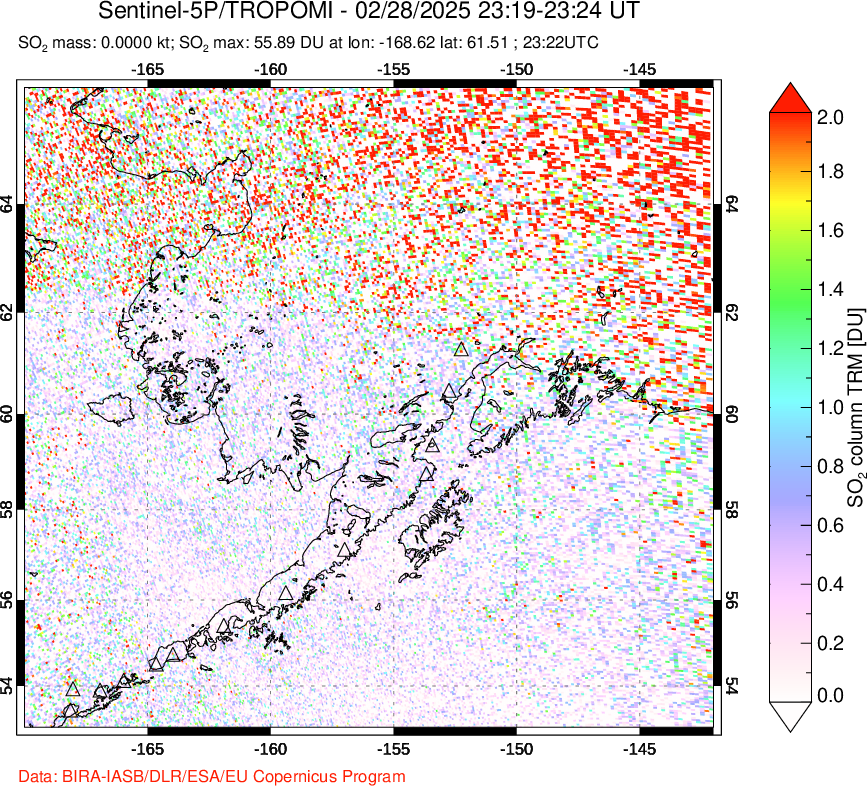 A sulfur dioxide image over Alaska, USA on Feb 28, 2025.