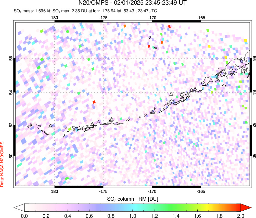 A sulfur dioxide image over Aleutian Islands, Alaska, USA on Feb 01, 2025.