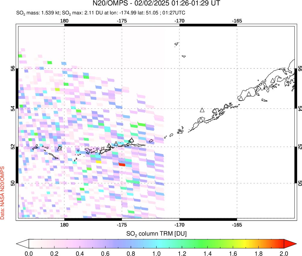 A sulfur dioxide image over Aleutian Islands, Alaska, USA on Feb 02, 2025.