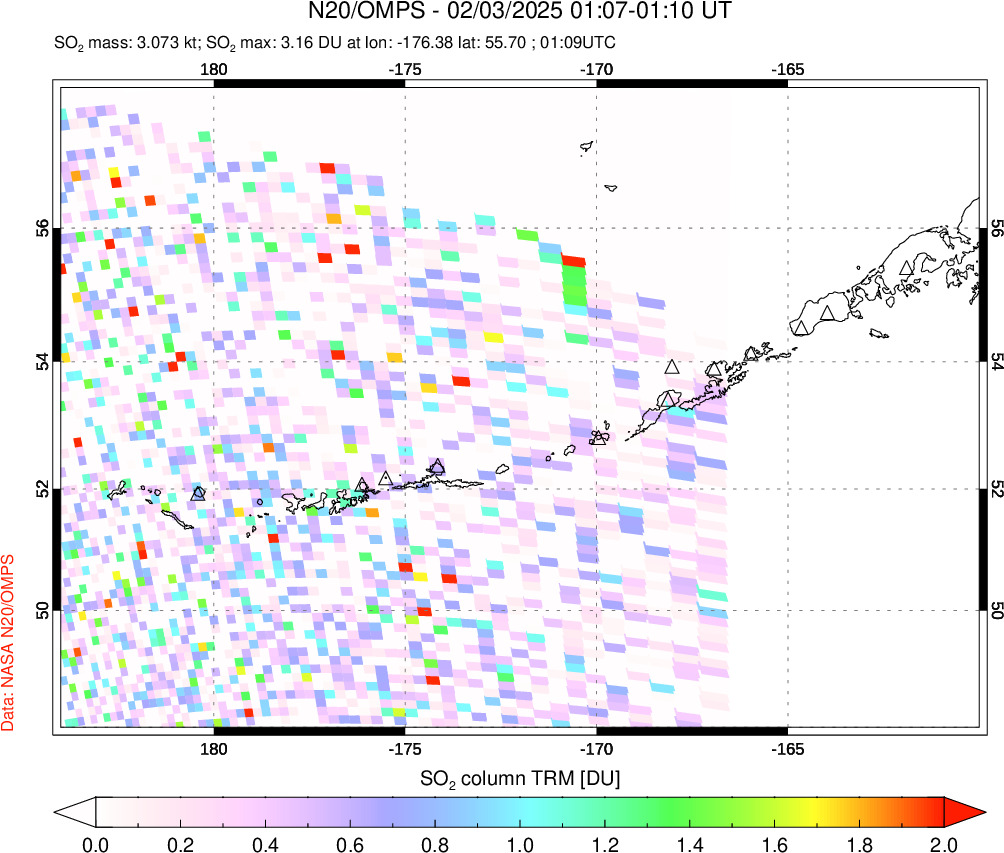 A sulfur dioxide image over Aleutian Islands, Alaska, USA on Feb 03, 2025.