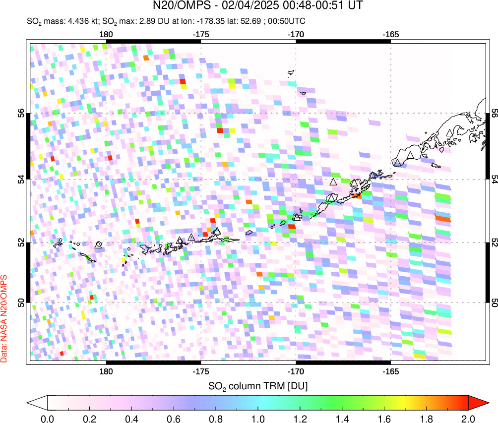 A sulfur dioxide image over Aleutian Islands, Alaska, USA on Feb 04, 2025.