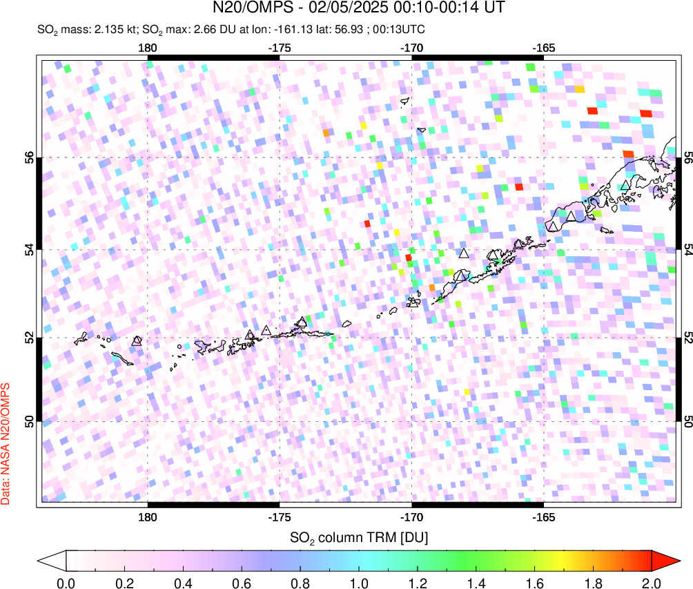 A sulfur dioxide image over Aleutian Islands, Alaska, USA on Feb 05, 2025.