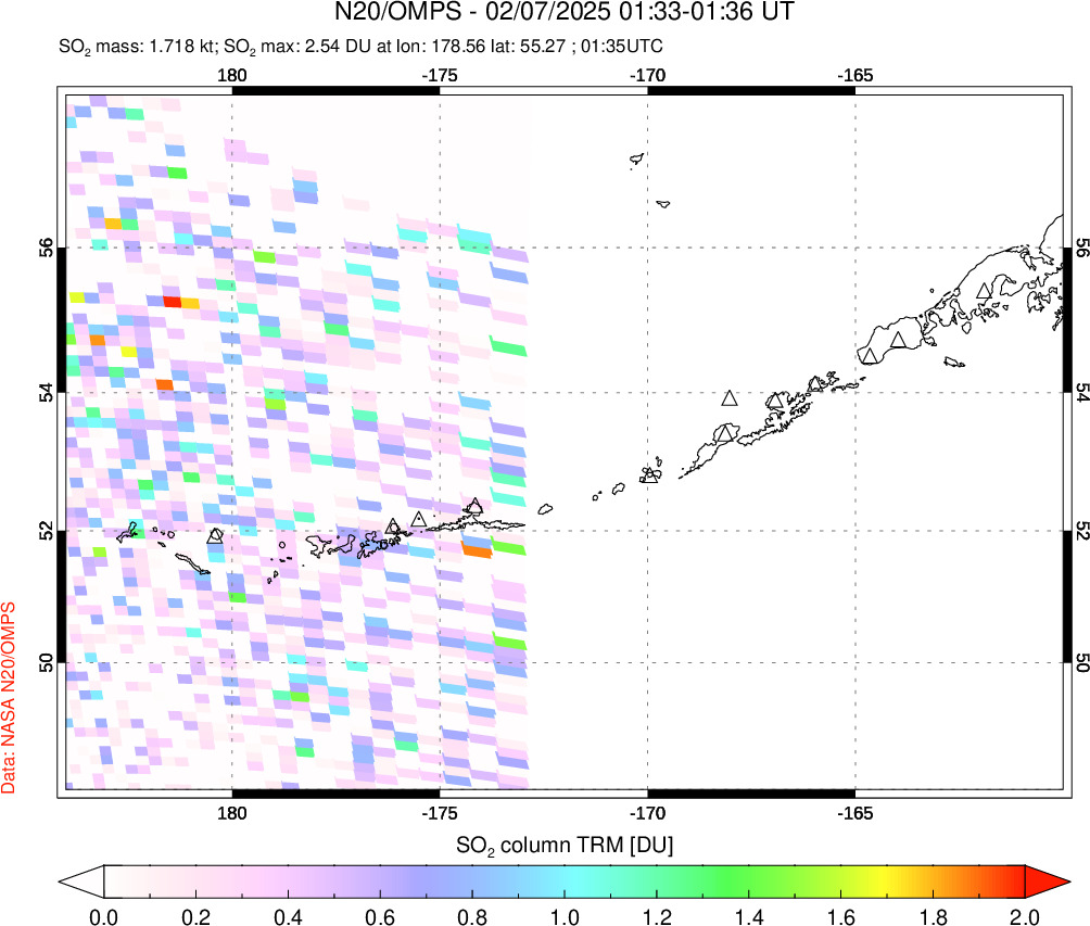 A sulfur dioxide image over Aleutian Islands, Alaska, USA on Feb 07, 2025.