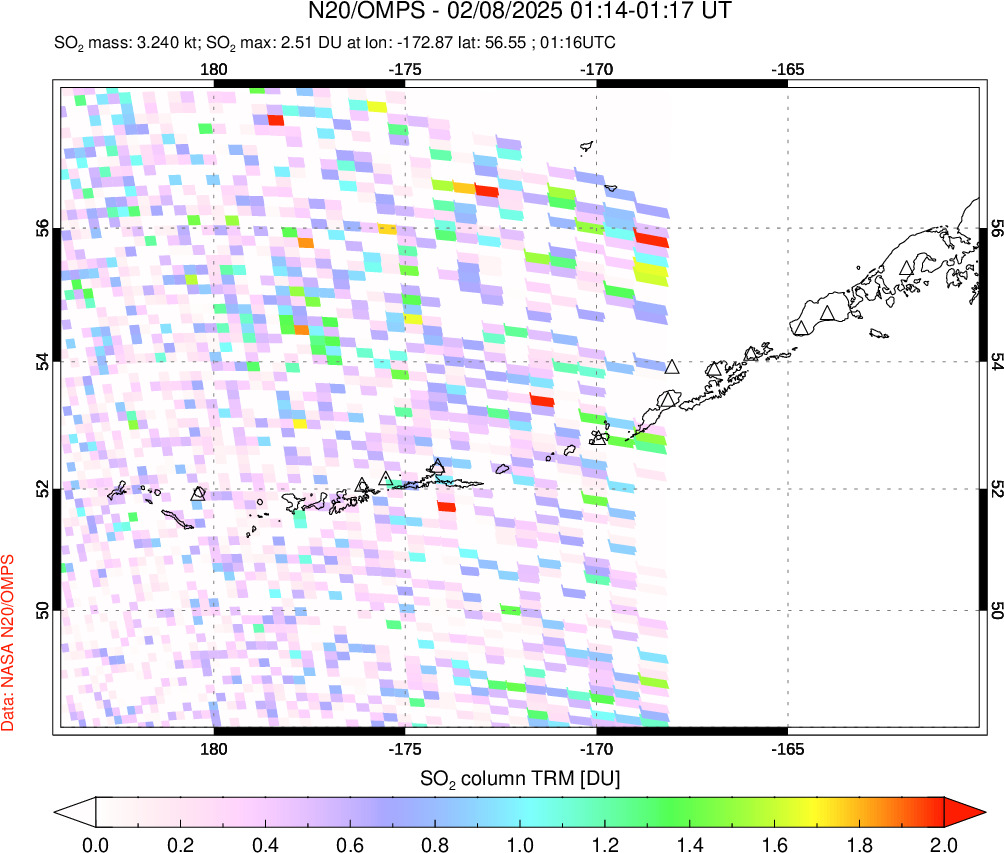 A sulfur dioxide image over Aleutian Islands, Alaska, USA on Feb 08, 2025.