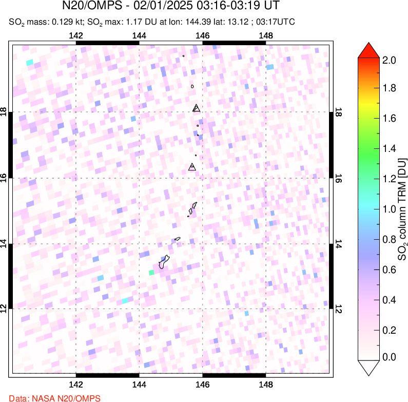 A sulfur dioxide image over Anatahan, Mariana Islands on Feb 01, 2025.