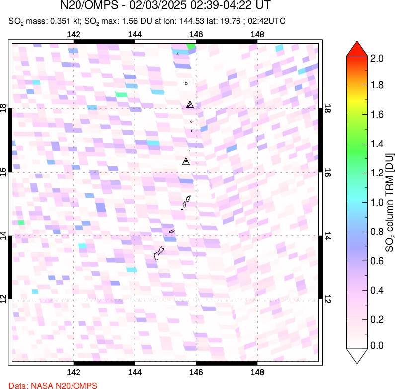 A sulfur dioxide image over Anatahan, Mariana Islands on Feb 03, 2025.