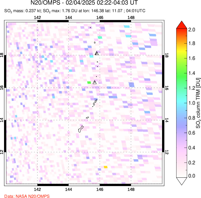 A sulfur dioxide image over Anatahan, Mariana Islands on Feb 04, 2025.