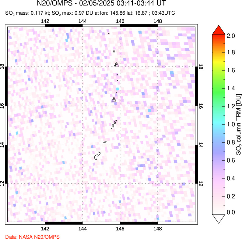 A sulfur dioxide image over Anatahan, Mariana Islands on Feb 05, 2025.