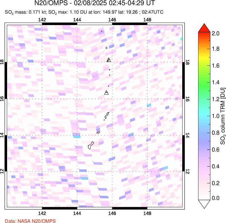 A sulfur dioxide image over Anatahan, Mariana Islands on Feb 08, 2025.