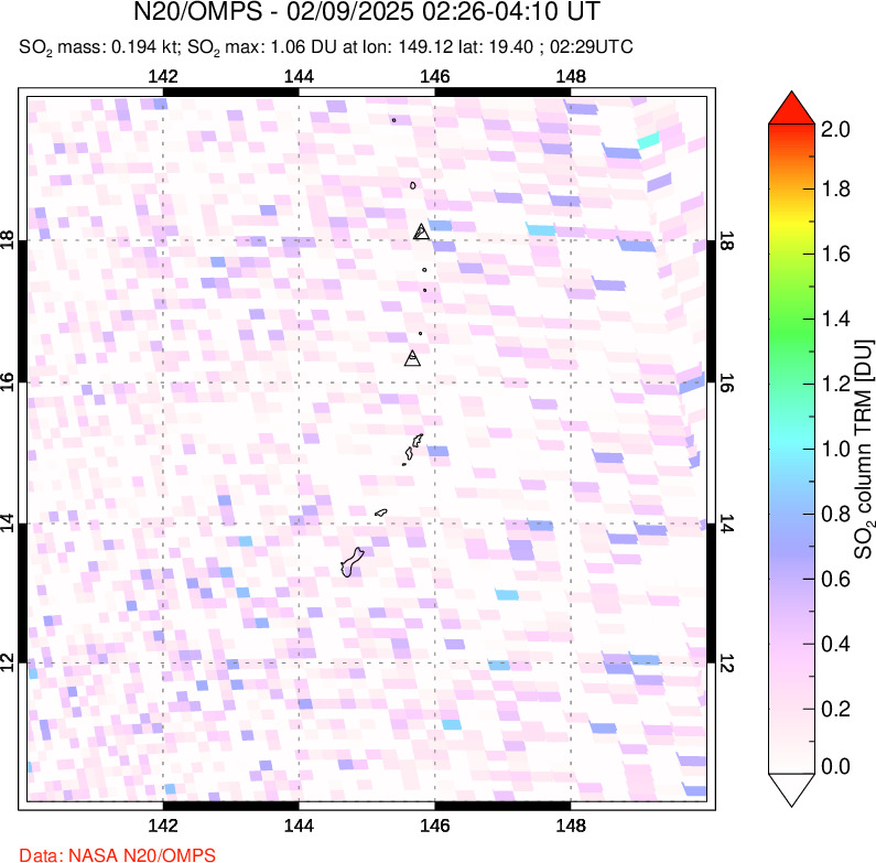 A sulfur dioxide image over Anatahan, Mariana Islands on Feb 09, 2025.