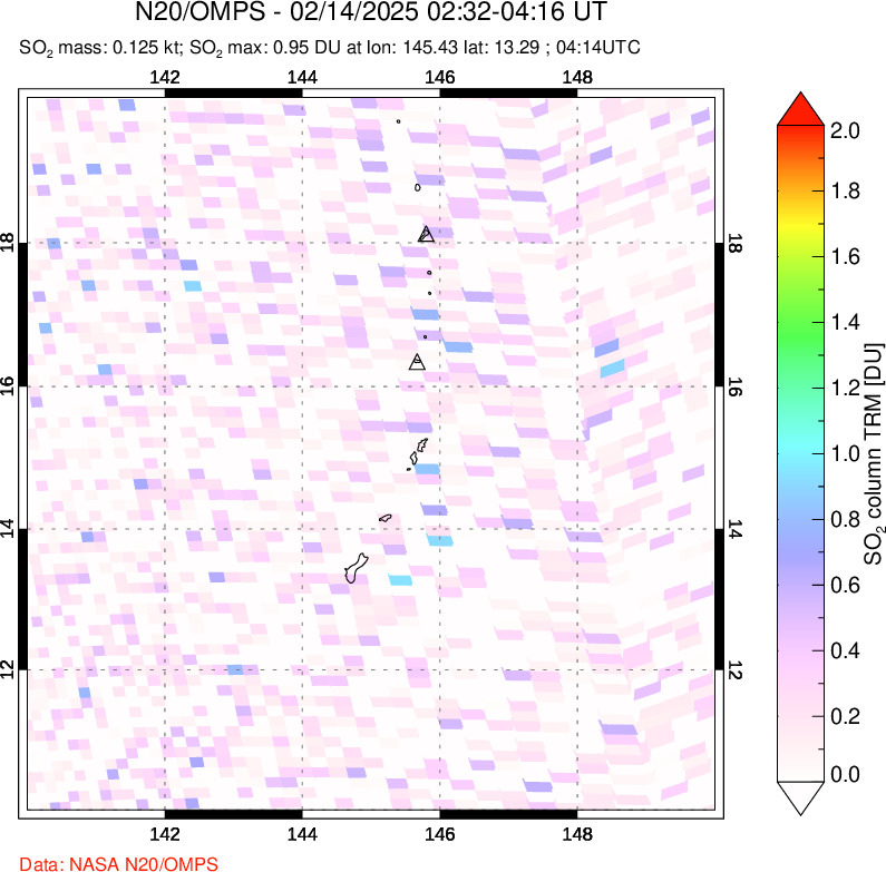 A sulfur dioxide image over Anatahan, Mariana Islands on Feb 14, 2025.