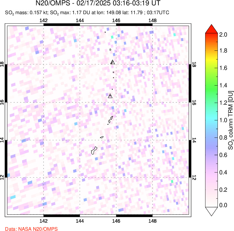 A sulfur dioxide image over Anatahan, Mariana Islands on Feb 17, 2025.