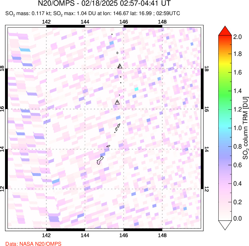 A sulfur dioxide image over Anatahan, Mariana Islands on Feb 18, 2025.