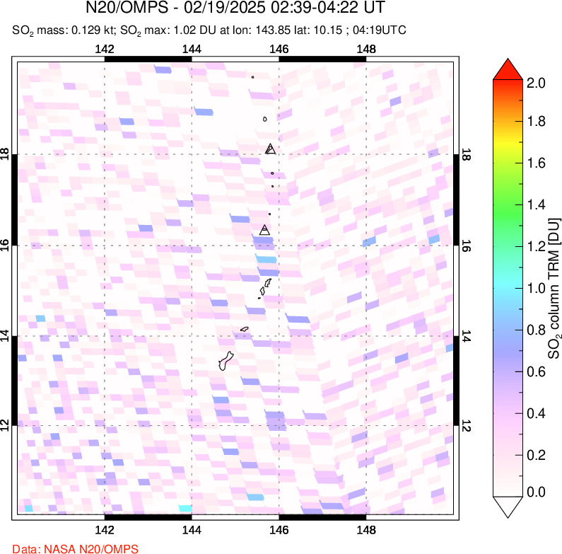 A sulfur dioxide image over Anatahan, Mariana Islands on Feb 19, 2025.