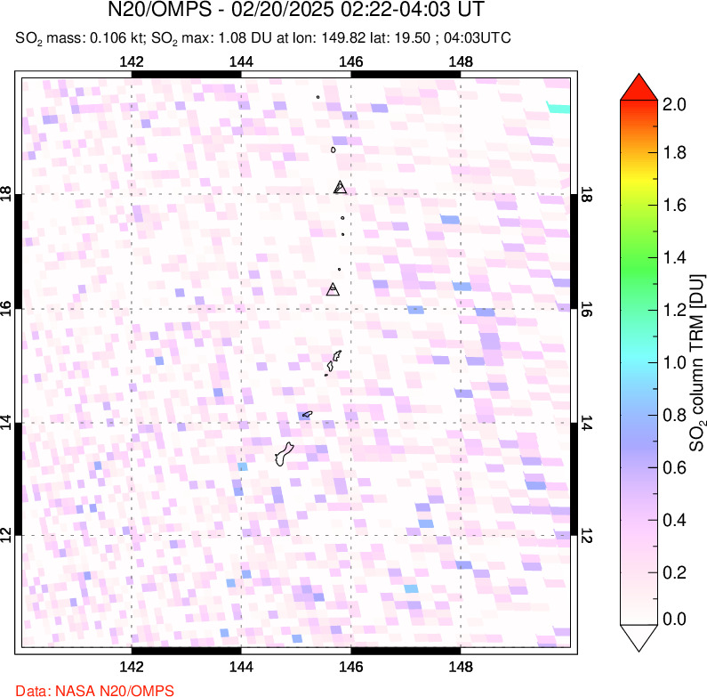 A sulfur dioxide image over Anatahan, Mariana Islands on Feb 20, 2025.