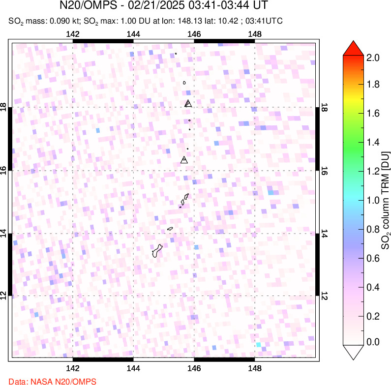 A sulfur dioxide image over Anatahan, Mariana Islands on Feb 21, 2025.