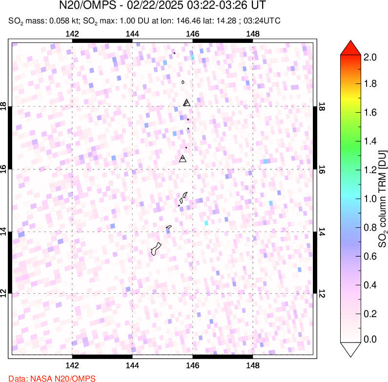 A sulfur dioxide image over Anatahan, Mariana Islands on Feb 22, 2025.