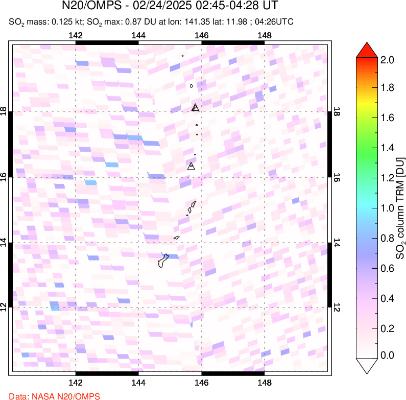 A sulfur dioxide image over Anatahan, Mariana Islands on Feb 24, 2025.