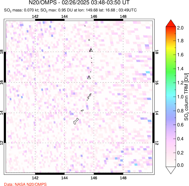 A sulfur dioxide image over Anatahan, Mariana Islands on Feb 26, 2025.