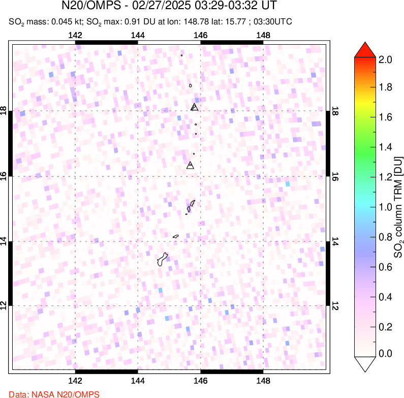 A sulfur dioxide image over Anatahan, Mariana Islands on Feb 27, 2025.