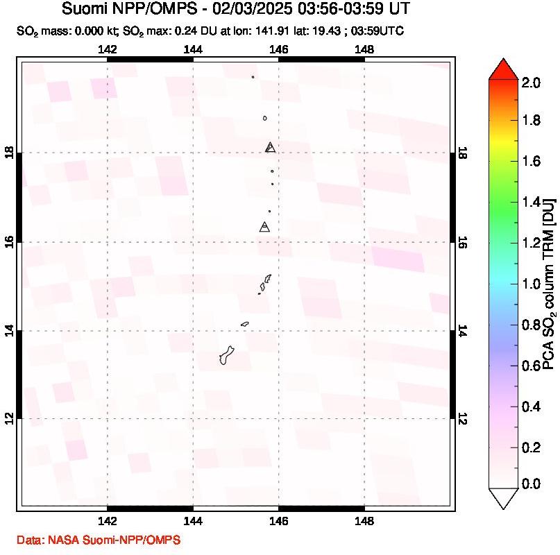 A sulfur dioxide image over Anatahan, Mariana Islands on Feb 03, 2025.