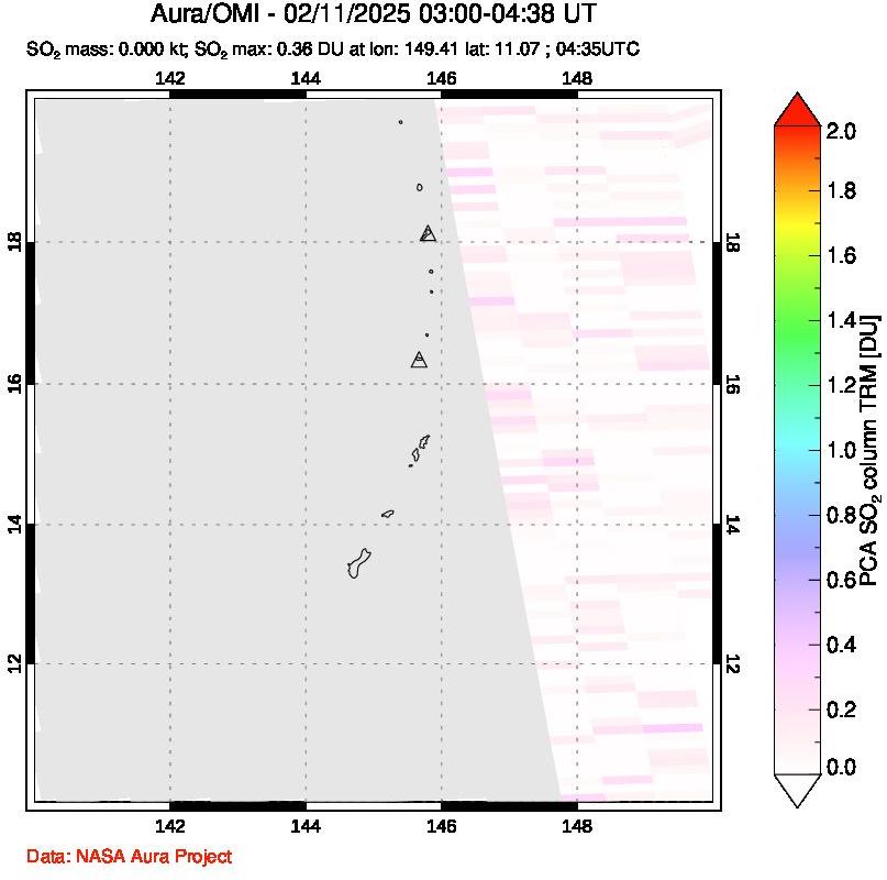 A sulfur dioxide image over Anatahan, Mariana Islands on Feb 11, 2025.