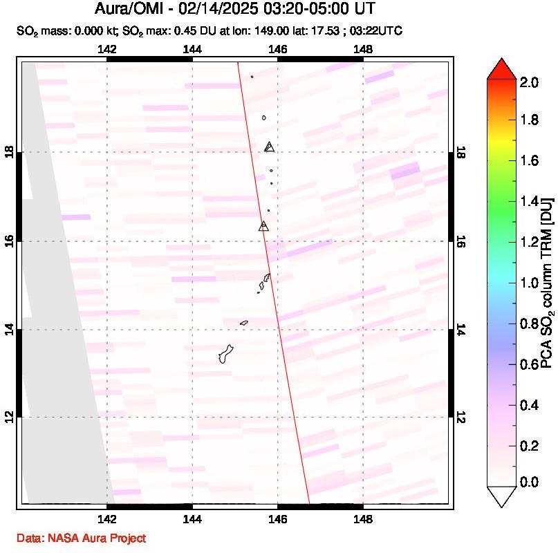 A sulfur dioxide image over Anatahan, Mariana Islands on Feb 14, 2025.