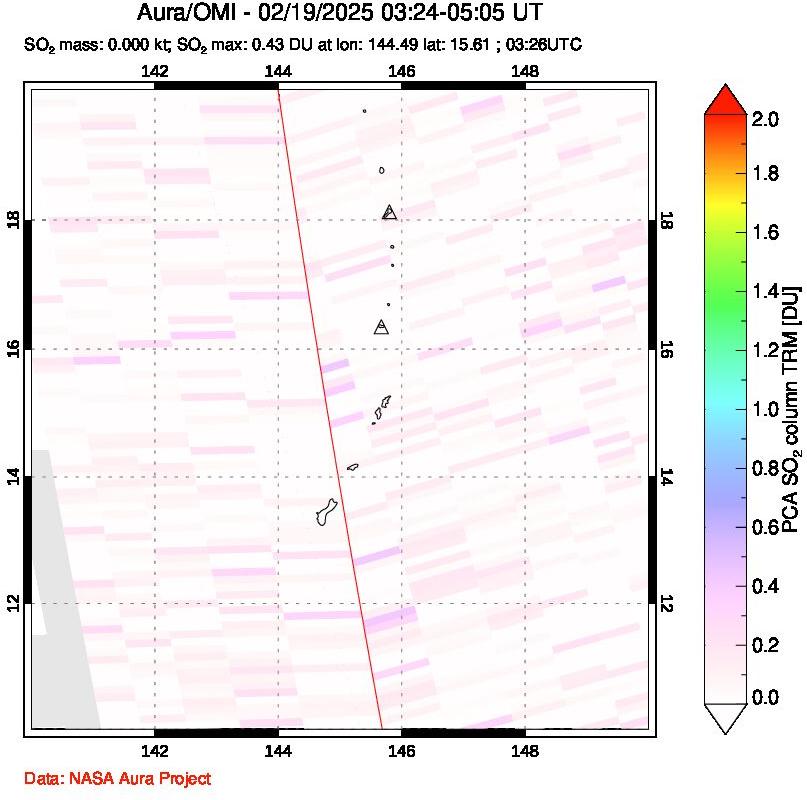 A sulfur dioxide image over Anatahan, Mariana Islands on Feb 19, 2025.