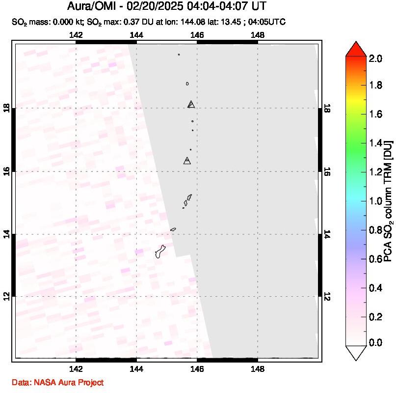 A sulfur dioxide image over Anatahan, Mariana Islands on Feb 20, 2025.