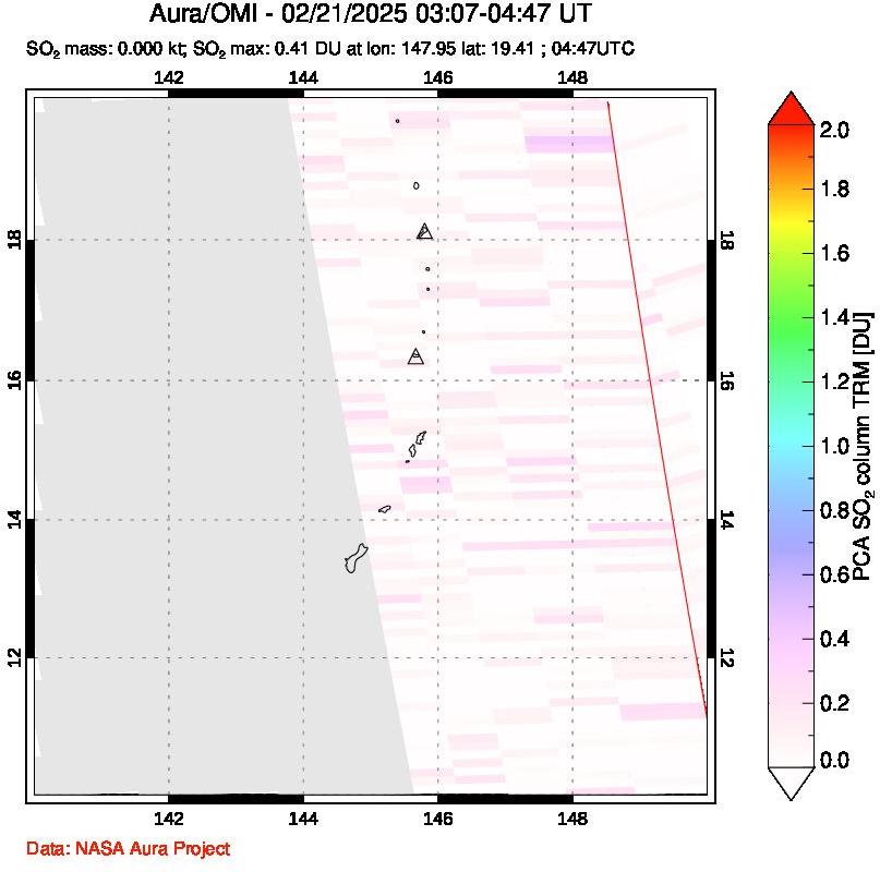 A sulfur dioxide image over Anatahan, Mariana Islands on Feb 21, 2025.