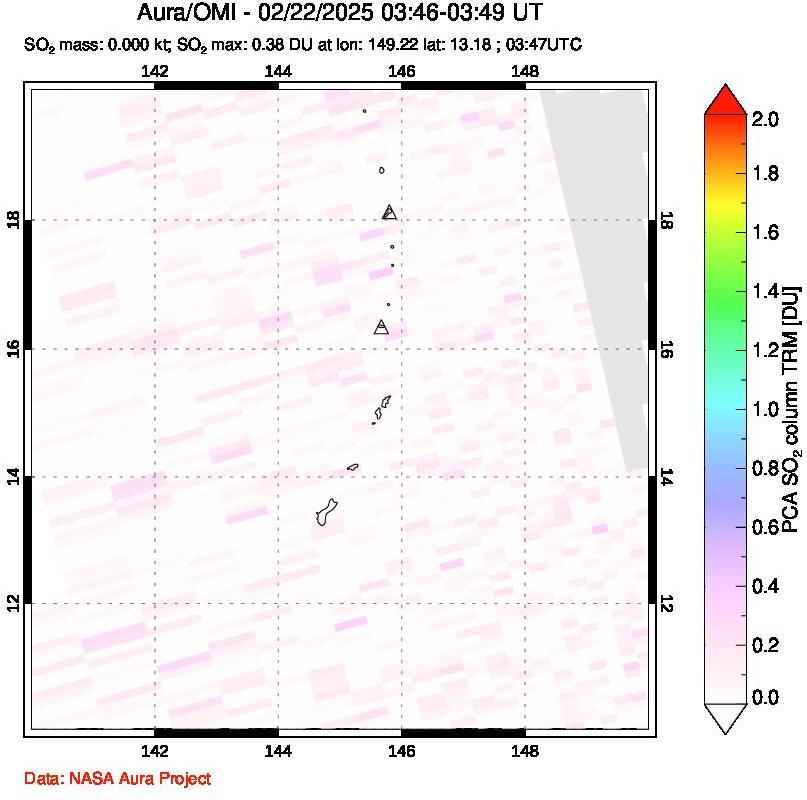 A sulfur dioxide image over Anatahan, Mariana Islands on Feb 22, 2025.