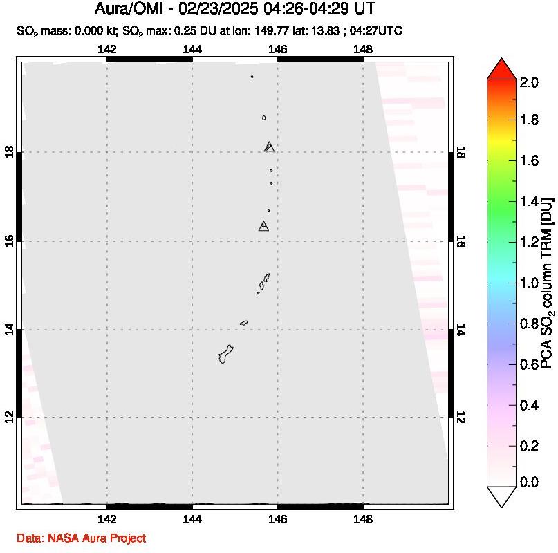 A sulfur dioxide image over Anatahan, Mariana Islands on Feb 23, 2025.